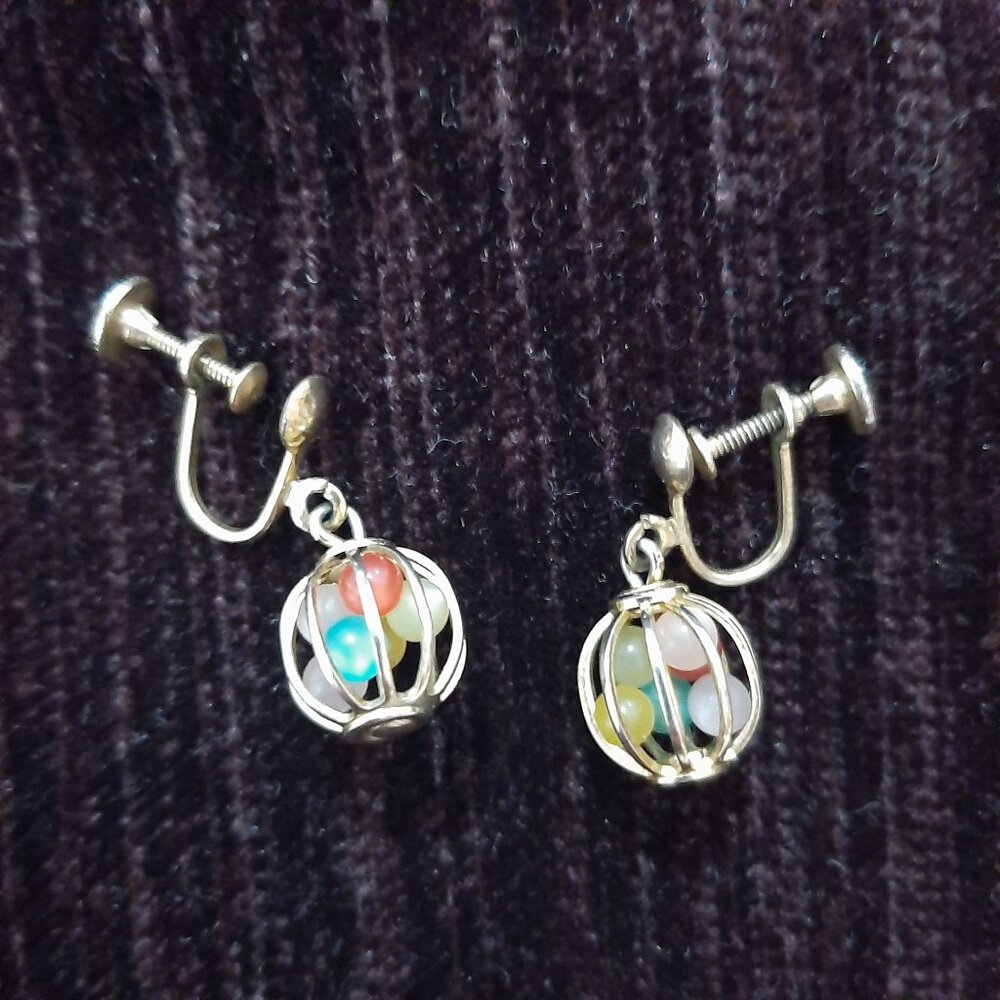 Vintage gold boho statement cage colourful screw on earrings